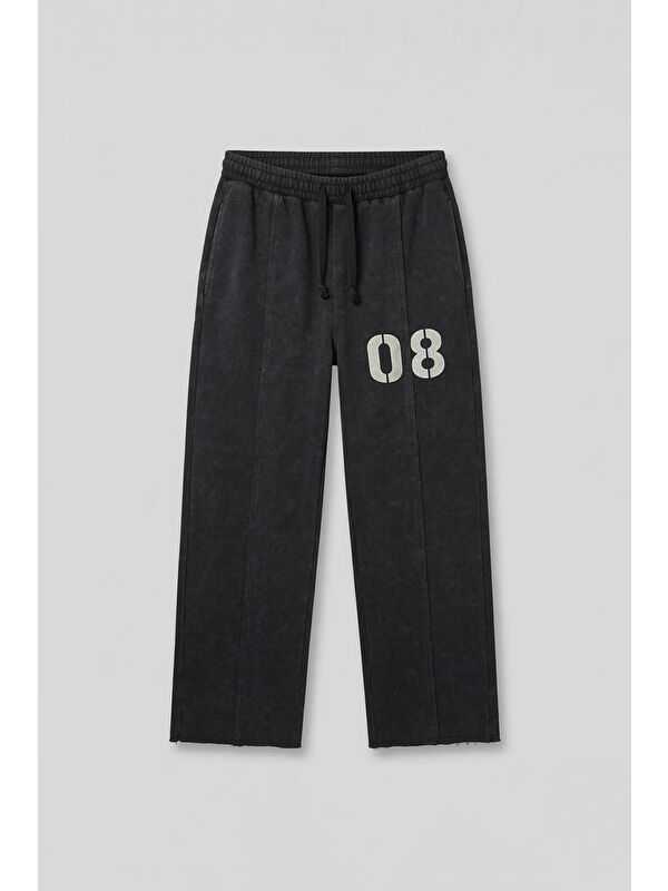 Abluka Online Erkek Baggy Fit Vintage Yıkamalı 08 Baskılı Eşofman Altı Siyah