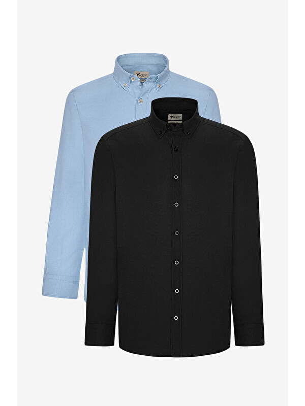 AC&Co / Altınyıldız Classics Erkek Mavi-Siyah 2'li Pamuklu Kolay Ütülenebilir Slim Fit Dar Kesim Oxford Gömlek Paketi