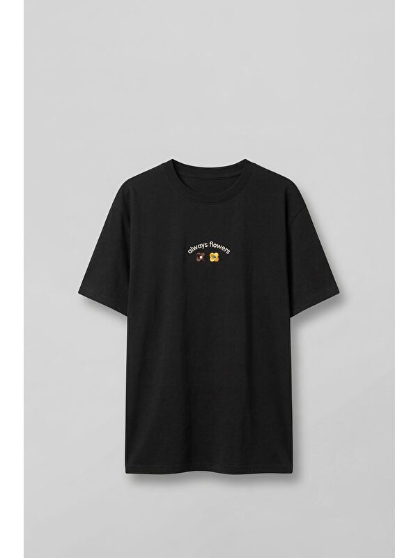 Abluka Online Erkek Oversize Minimal Çiçek Nakışlı T-Shirt Siyah