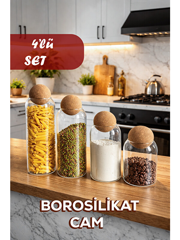 Porsima 4lü Ahşap Mantar Top Kapaklı Borosilikat Cam Kavanoz Seti Saklama Kabı