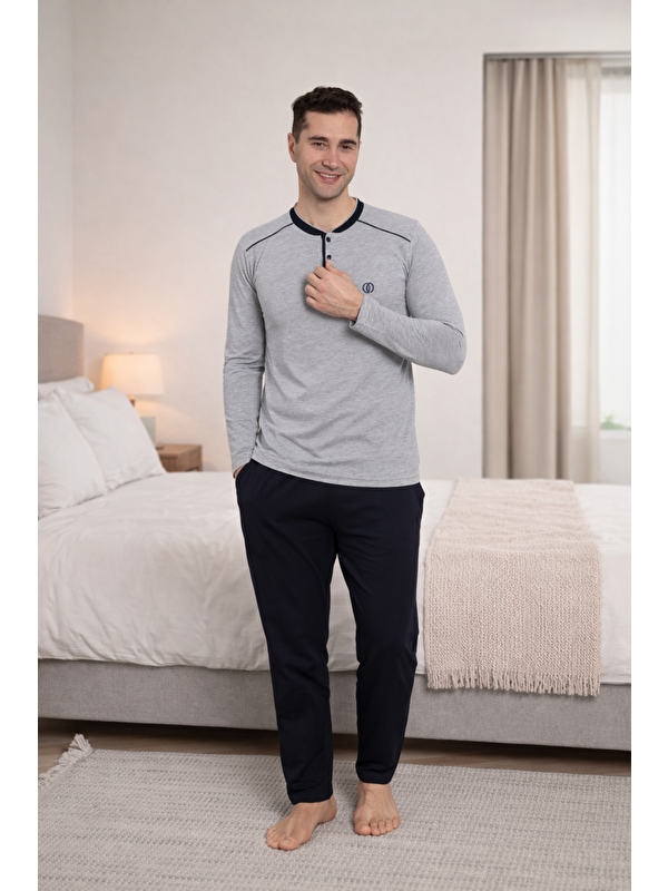 Formo PREMIUM Erkek %100 Doğal Pamuk Biyeli Yüksek Kaliteli Düğmeli Uzun Kollu Pijama Takımı