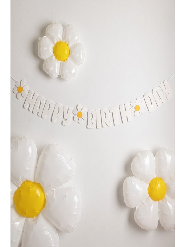Le Mabelle Beyaz Papatya Temalı Happy Birthday Parti Banner