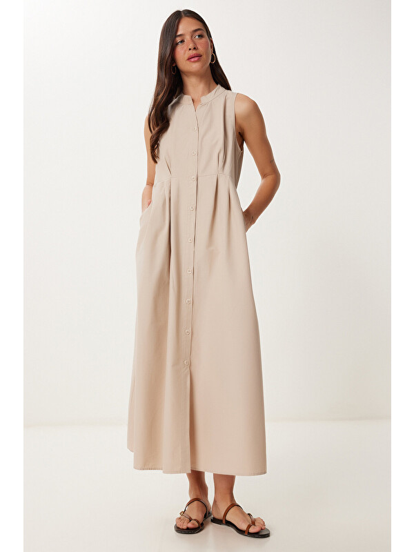 Happiness İstanbul Kolsuz Midi Poplin Gömlek Elbise KREM LMX0093