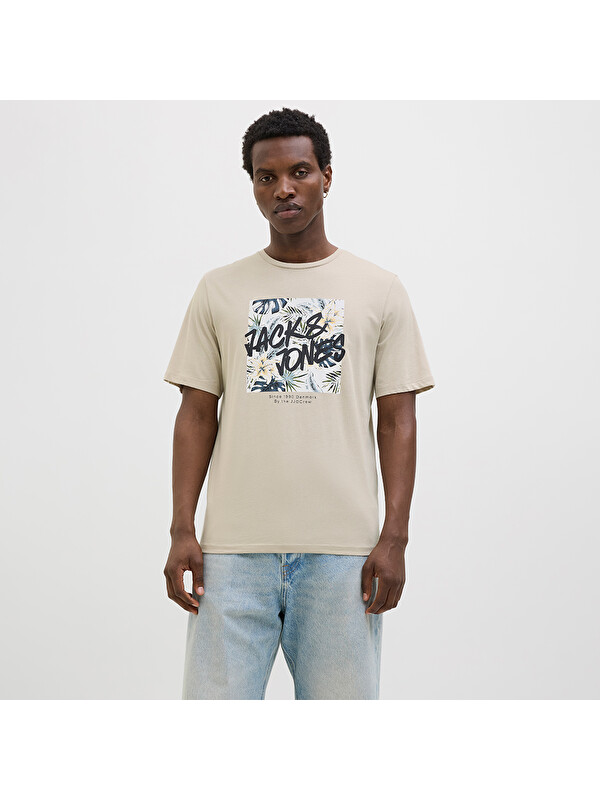 Jack & Jones Hawaii Shape Erkek Bej Yuvarlak Yaka Spor Tişört