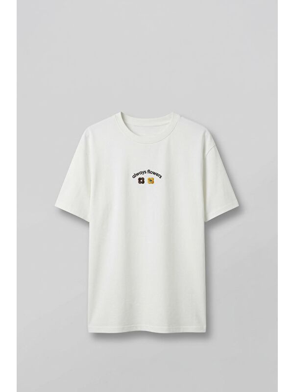 Abluka Online Erkek Oversize Minimal Çiçek Nakışlı T-Shirt Beyaz