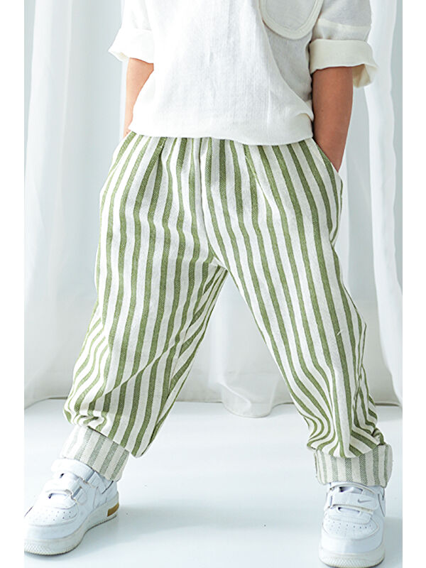 Catz Kids Carrot Pantolon Yeşil Çizgili Keten