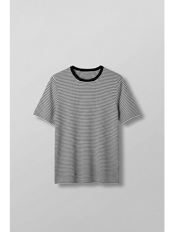 Abluka Online Erkek Regular Fit Çizgili Basic Tişört Ekru
