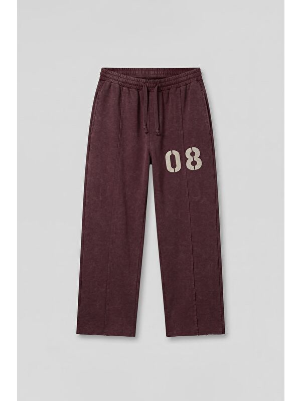 Abluka Online Erkek Baggy Fit Vintage Yıkamalı 08 Baskılı Eşofman Altı Bordo