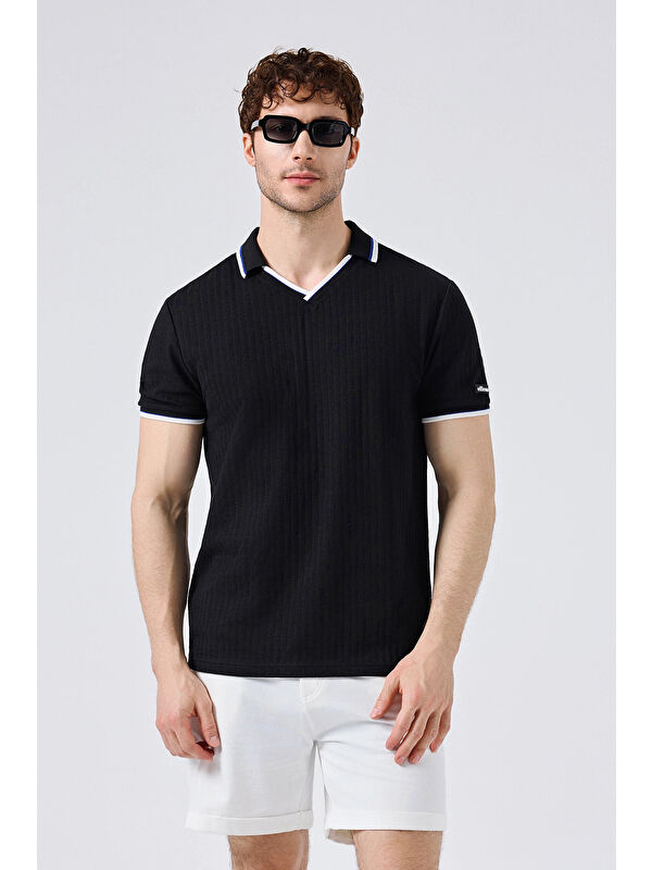 Ellesse Pamuklu Kontrast Renkli Şerit Detaylı Polo Yaka T Shirt 5SM5491-BK