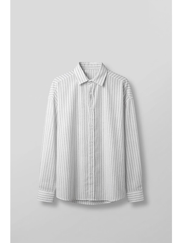 Abluka Online Erkek Oversize Çizgili Keten Karışımlı Gömlek Beyaz