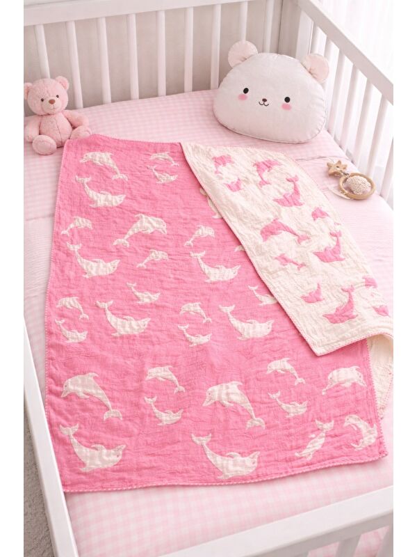 Mulberry Çift Taraflı Müslin Bebek Battaniyesi Yunus Desenli Yumuşak Nefes Alan Battaniye 100x130