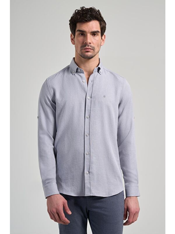 İMZA Gri Kısalabilir Kol Düz Gabardin Düğmeli Yaka Cepsiz Casual Slim Fit Gömlek 1004250124_100