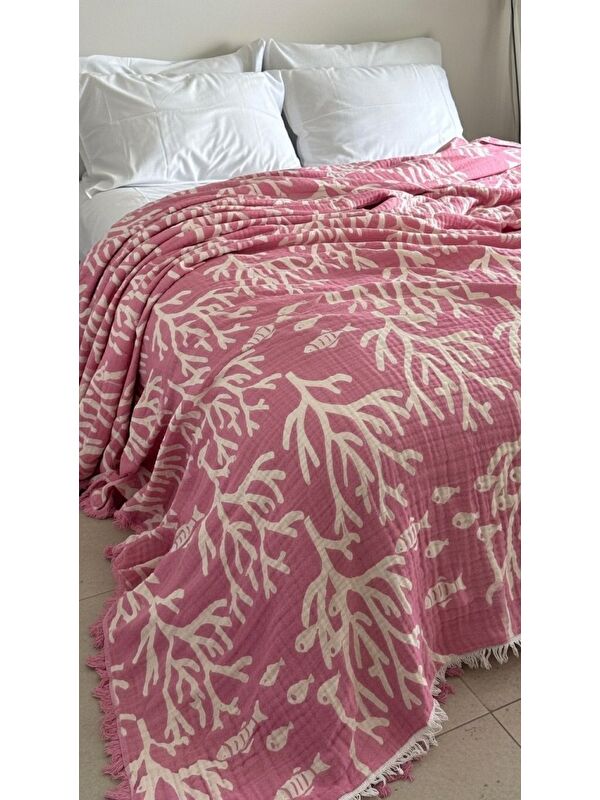 Mulberry Mercan Desen 4 Katlı Müslin Pike Yatak Örtüsü Battal Boy 240x260 cm