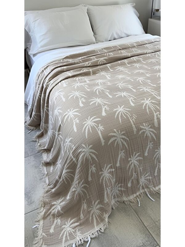 Mulberry Palmiye Desen 4 Katlı Müslin Pike Yatak Örtüsü Battal Boy 240x260 cm