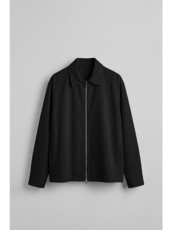Abluka Online Erkek Oversize Keten Dokulu Astarlı Fermuarlı Gömlek Ceket Siyah