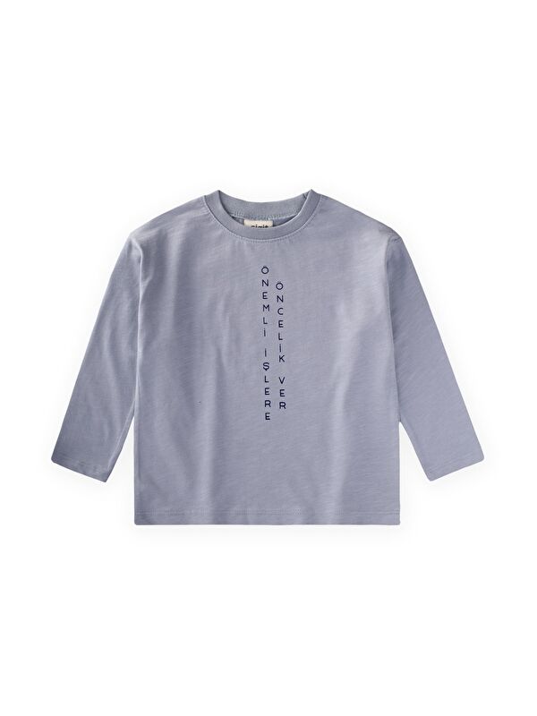 CİGİT Sloganlı Uzun Kollu T-Shirt 2-10 Yaş Pastel Mavi