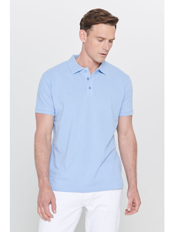 AC&Co / Altınyıldız Classics Erkek Açık Mavi Slim Fit Dar Kesim Polo Yaka %100 Pamuk Kısa Kollu Tişört