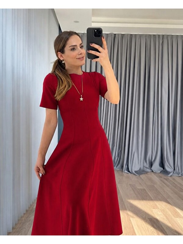 Jane's Kadın Kısa Kollu Bisiklet Yaka Maksi Boy Ithal Krep Elbise