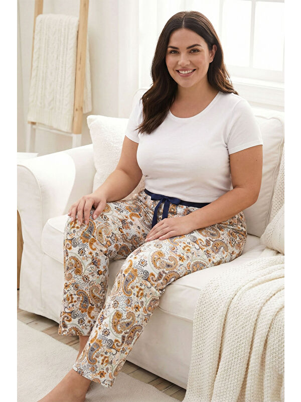 Remsa Büyük Beden Kadın Etnik Desen Viskon Kumaş Penye Battal Tek Pijama Alt 13 Beyaz