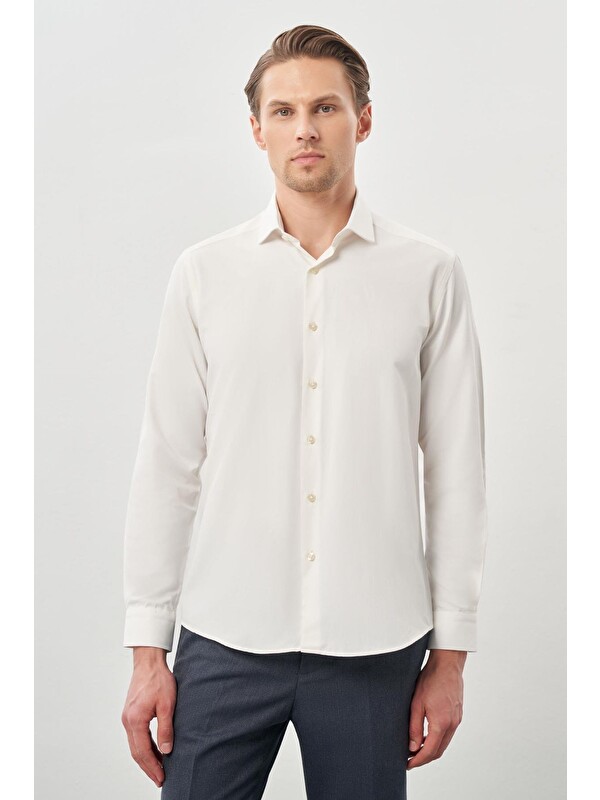 İMZA Açık Krem Uzun Kol Düz Yarım İtalyan Yaka Cepsiz Pamuklu Classic Slim Fit Gömlek 1004245268