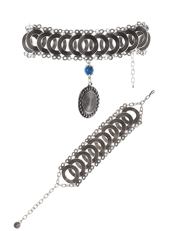 Labalaba Kadın Antik Gümüş Kaplama Turkuaz Doğal Taşlı I?llüzyon Model Choker & Bileklik Set