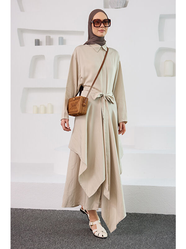 Locco Moda Kadın Eteği Bağlamalı Elbise Krem