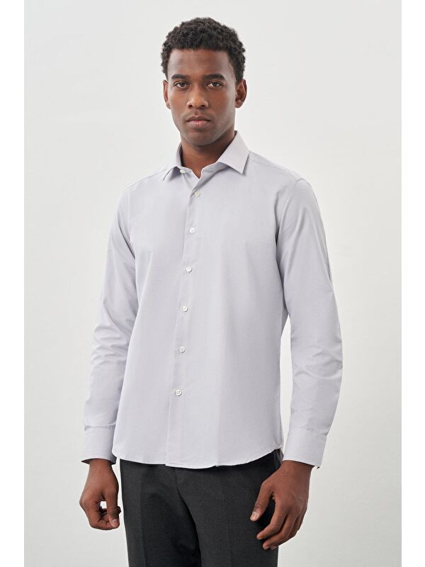 İMZA Gri Uzun Kol Armürlü Sert Yaka Cepsiz Pamuklu Classic Slim Fit Gömlek 1004245226