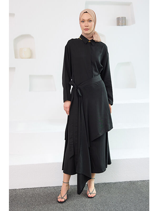Locco Moda Kadın Eteği Bağlamalı Elbise Siyah