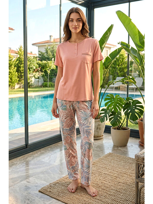 Remsa Kadın Viskon Kumaş Kısa Kol Pijama Takımı 3353 Pudra02