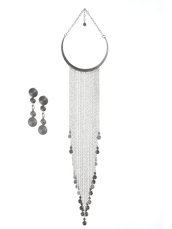 Labalaba Kadın Antik Gümüş Kaplama Spiral Charm Uzun Bohem Kolye & Küpe Seti