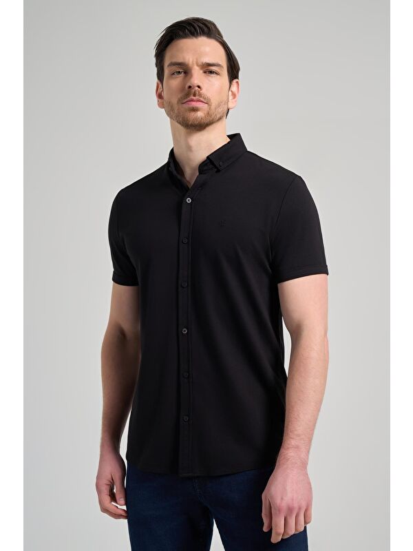 İMZA Siyah Kısa Kol Düz Örme İtalyan Yaka Düğmeli Cepsiz Pamuklu Classic Slim Fit Gömlek 1004250156_001