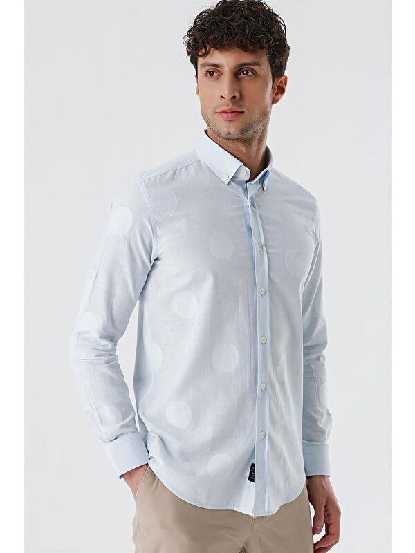 İMZA Koyu Mavi Kısalabilir Kollu Desenli Jakarlıcepsiz %100 Pamuk Casual Slim Fit Gömlek 1004230183