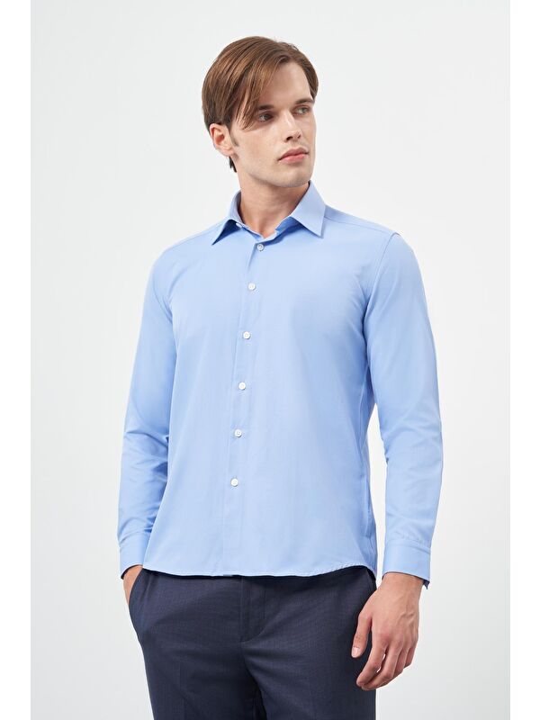 İMZA Mavi Uzun Kol Düz Bez Ayağı Sert Yaka Cepsiz Pamuklu Classic Slim Fit Gömlek 1004245267