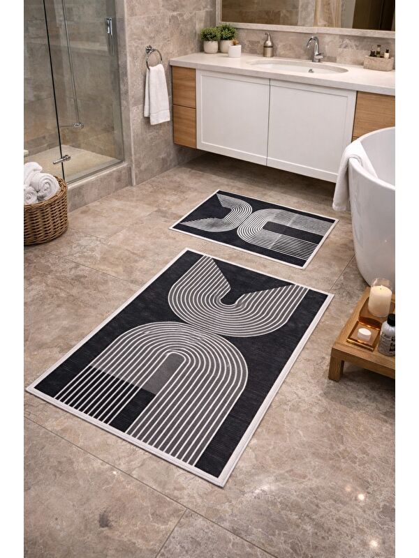 Mulberry Modern Çizgili Çerçeve Banyo Paspası Kaydırmaz Tabanlı Yumuşak 2’li Set
