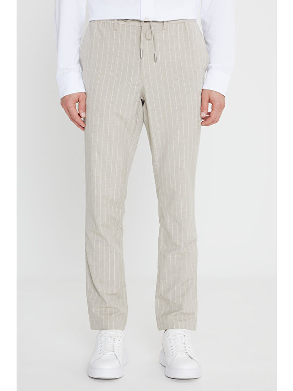 Altınyıldız Classics Erkek Vizon Keten Slim Fit Dar Kesim Beli Bağlamalı Çizgili Casual Pantolon