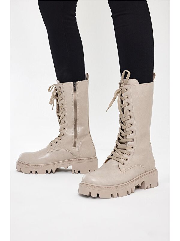 Kadın Ten Cilt Rahat Kalıp Bağcıklı Çorap Çizme - Görsel 3