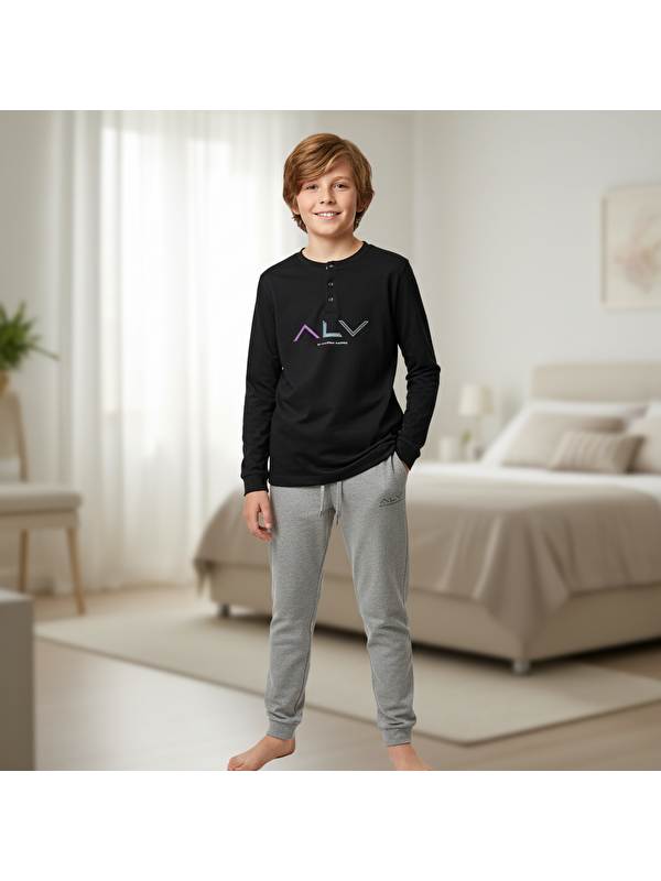 Bonbon Genç Erkek Pamuklu Siyah Renk Pijama Takımı Al009 V2 Bb2441