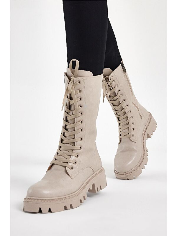 Kadın Ten Cilt Rahat Kalıp Bağcıklı Çorap Çizme - Görsel 5