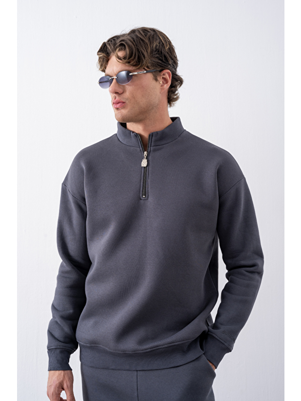gothamVibes Erkek Antrasit Fermuarlı Oversize Sweatshirt
