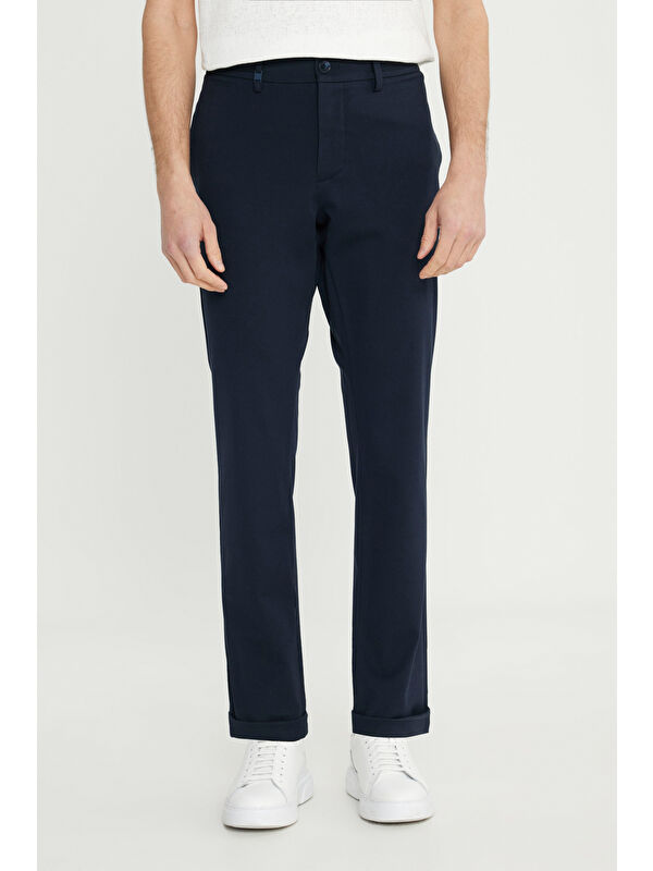 Altınyıldız Classics Erkek Lacivert Pamuklu Slim Fit Beli Bağlamalı Yan Cepli Esnek Pantolon
