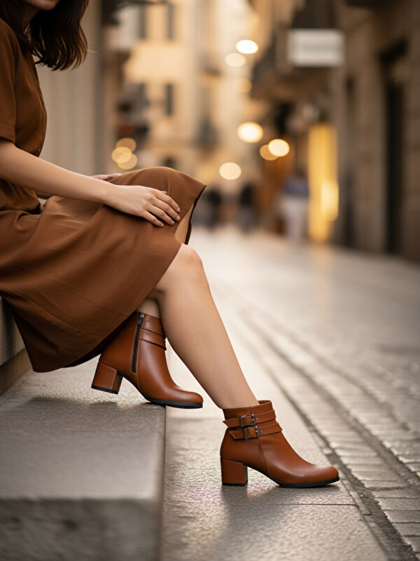 Kadın Hermina Çift Tokalı Taba Cilt Kısa Bot - Görsel 2