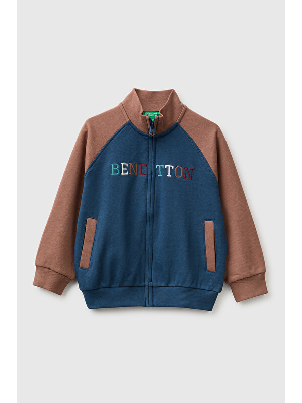 United Colors Of Benetton Erkek Bebek Lacivert Önü İşlemeli Ribanalı Boğazlı Fermuarlı Dik Yaka Sweatshirt