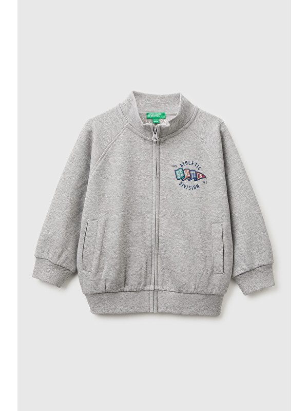 United Colors Of Benetton Erkek Bebek Gri Melanj Önü İşlemeli Ribanalı Boğazlı Fermuarlı Dik Yaka Sweatshirt
