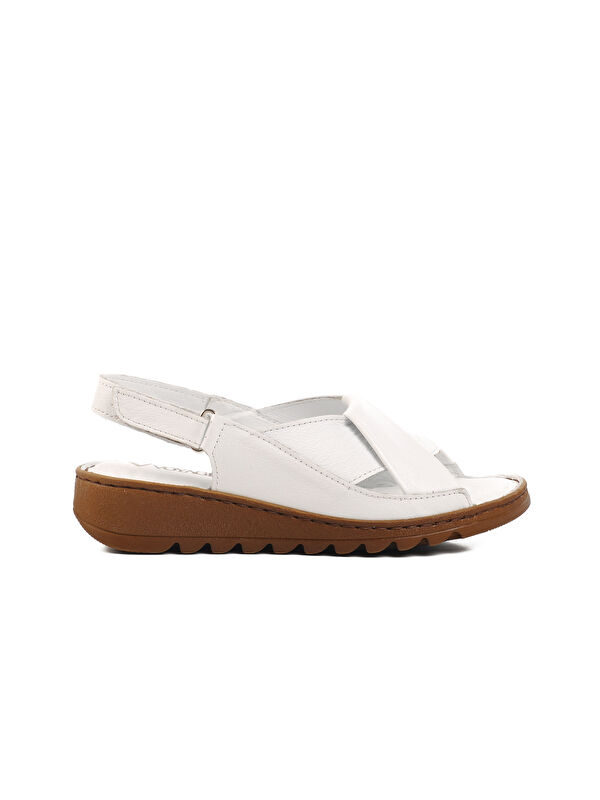 Beyaz Hakiki Deri Cırtlı Kadın Sandalet Z265 Z - Görsel 2