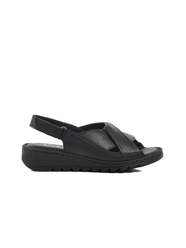 Siyah Hakiki Deri Cırtlı Kadın Sandalet Z265 Z - Görsel 2