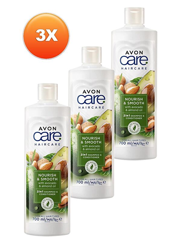 AVON Care Avokado ve Badem Yağı içeren Şampuan ve Saç Bakım Kremi 700 Ml. Üçlü Set