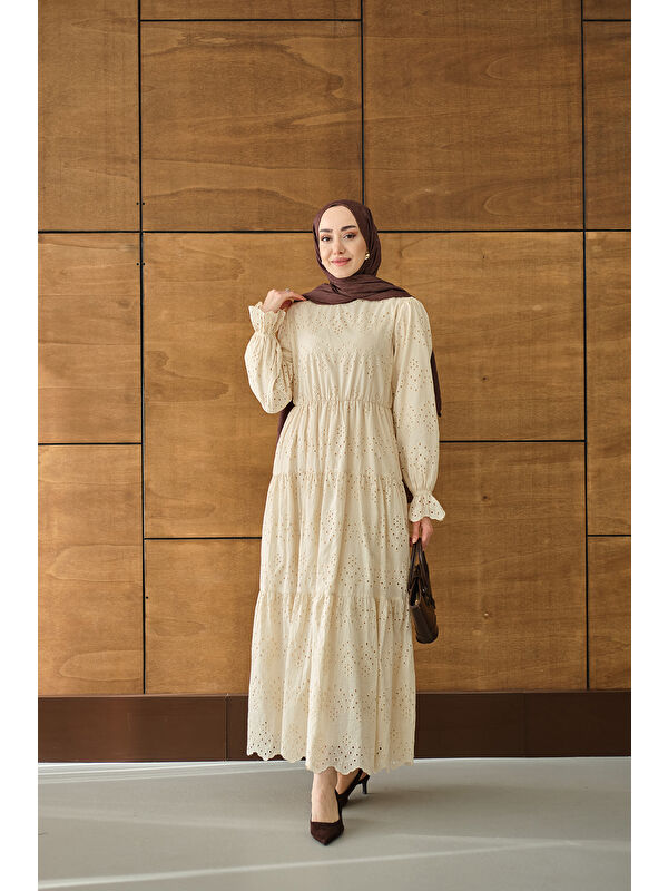 Locco Moda Kadın Beli Lastikli Brode Detay Elbise Krem
