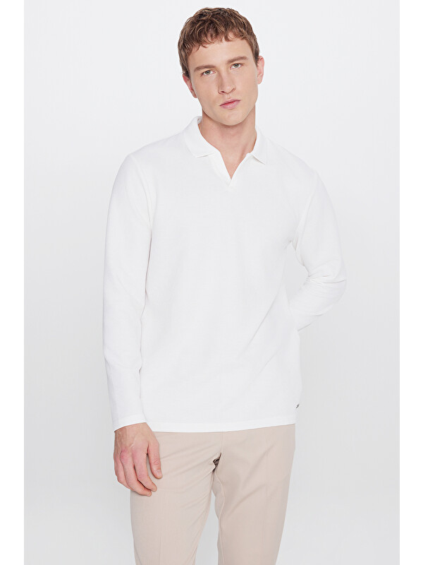 Altınyıldız Classics Erkek Ekru Slim Fit Dar Kesim Polo Yaka Jakarlı Esnek Tişört