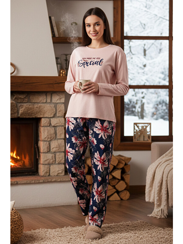 Remsa Kadın Çiçek Desen Suprem Pijama Takımı 0548 Pudra01