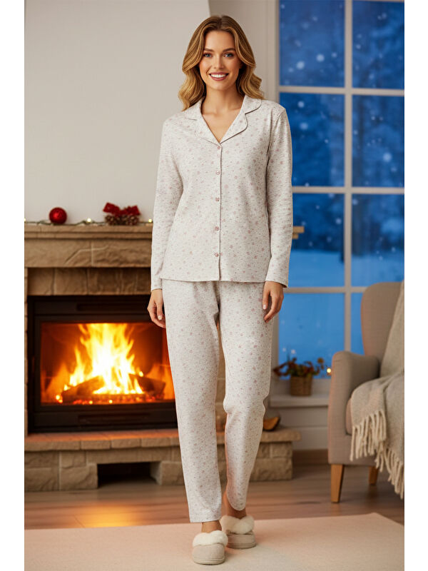 Remsa Kadın Yıldız Desen Önü Düğmeli Suprem Pijama Takımı 0517 Vizon08